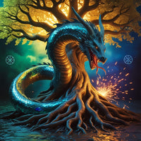 Dragons in Norse Mythology - Depicting the dragon Nidhogg wrapped abound the World Tree Yggdrasil.