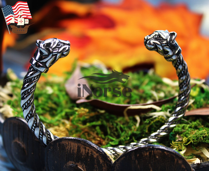 Handmade Viking Bracelet made from stainless steels depicting Freya's cats Bygul and Trjegul.