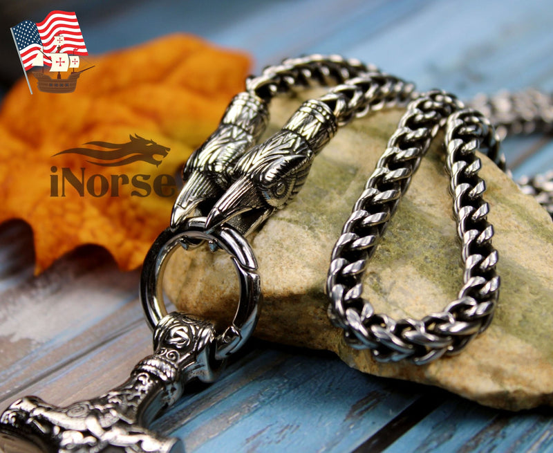 Handmade Viking necklace made of stainless steel depicting ravens of Odin and the Mjolnir pendant.