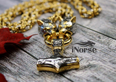 Odin's Wolves Viking Necklace | Mjolnir Pendant | Norse Jewelry | Thor's Hammer | Fenrir Wolf | Nordic Necklace | Pagan | Viking Jewelry